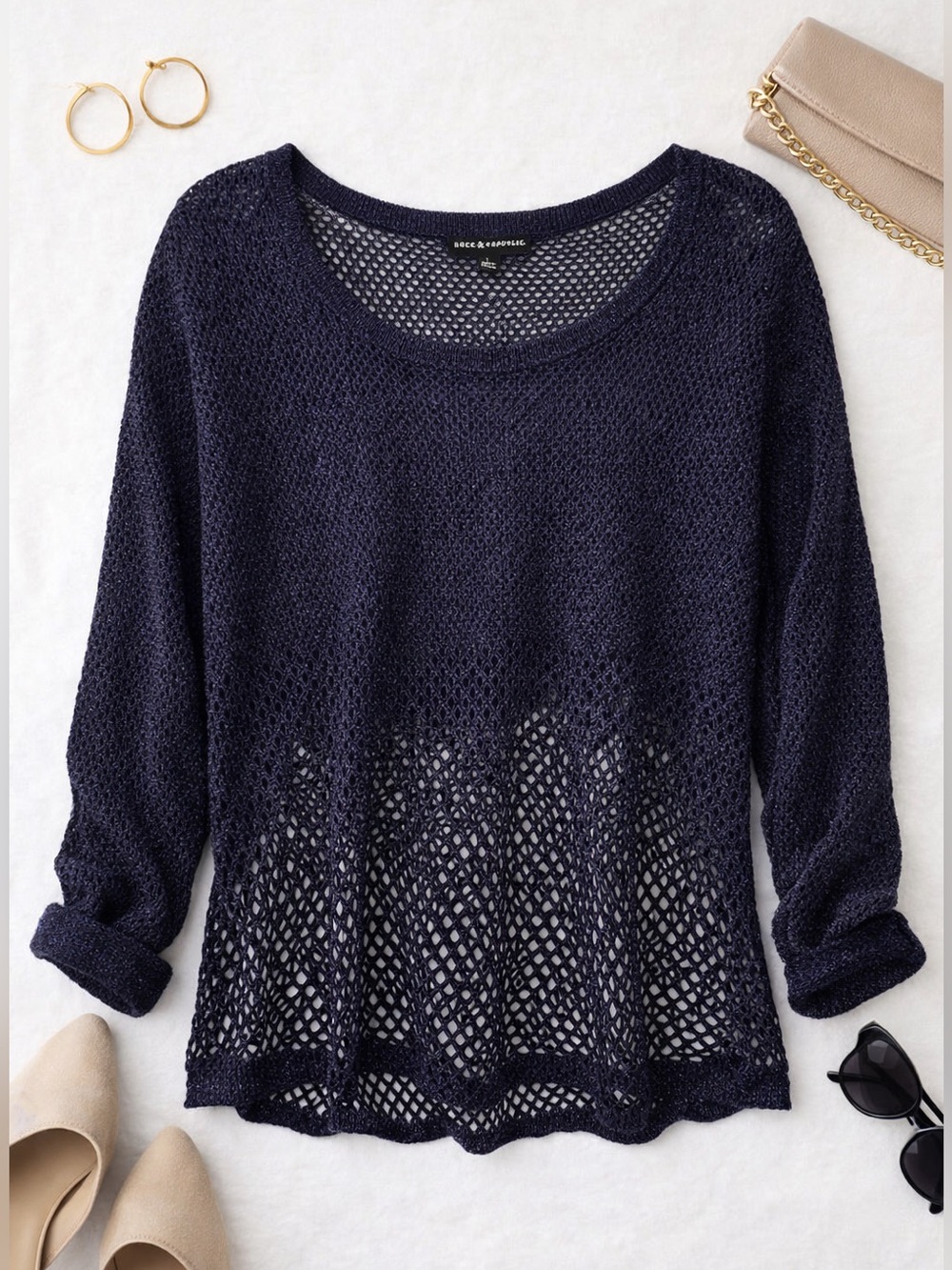 Rock & Republic Sparkle Open-Knit Sweater - Purple - LARGE